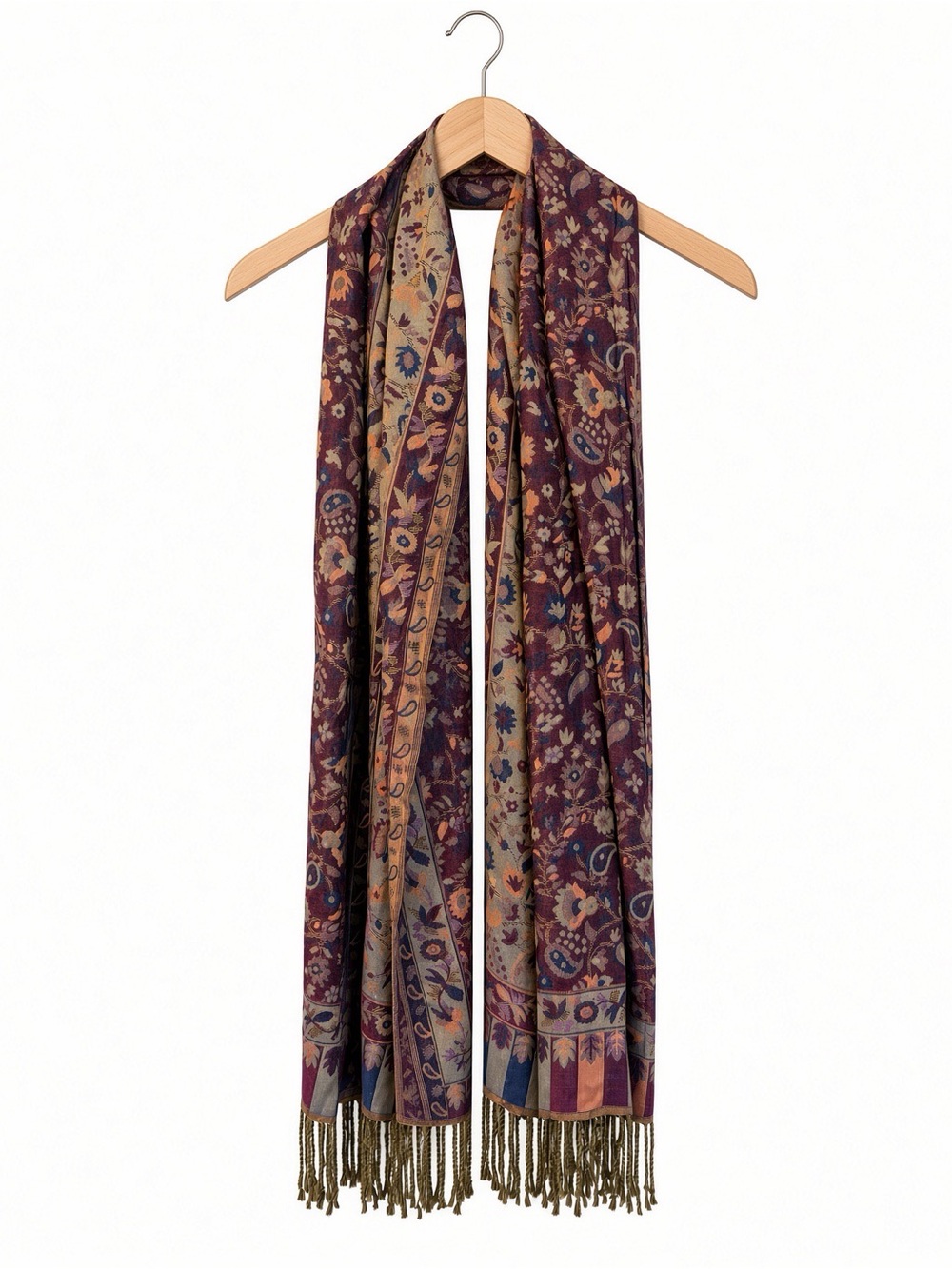 Cashmere Paisley Fringe Scarf - Plum & Gold
